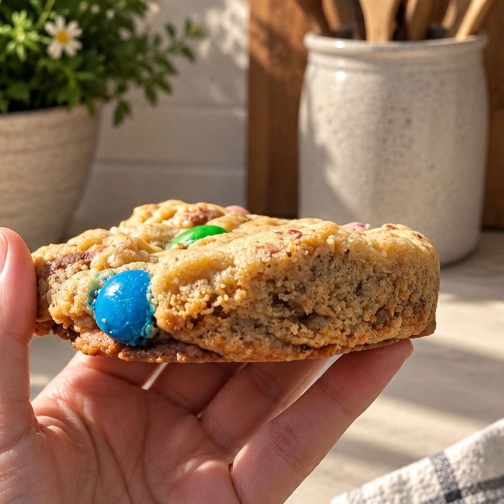 A hand holding a large, golden-brown cookie loaded with colorful candy-coated chocolate chips, set against a warm kitchen background with a potted plant and ceramic jar.