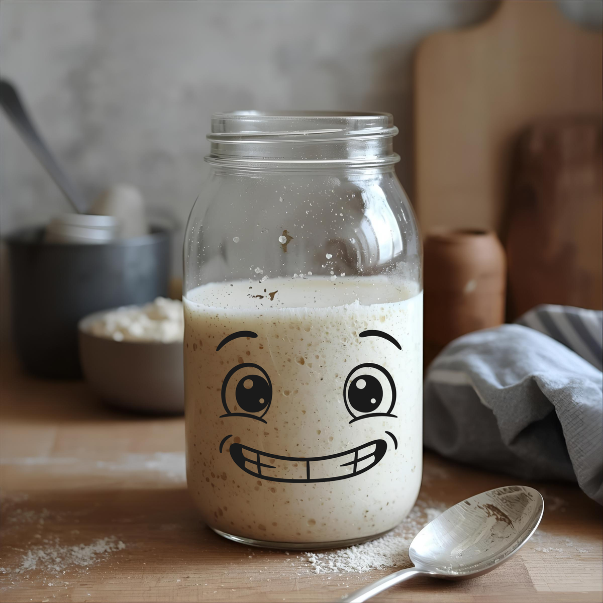 Glass jar with a smiley face drawing filled with a creamy substance on a wooden surface.