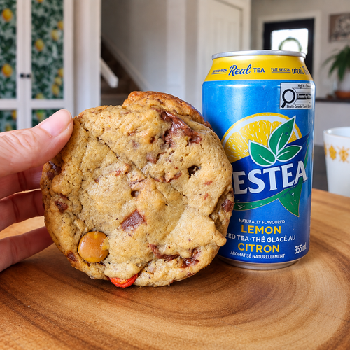 A hand holds a large chocolate chip cookie next to a can of Esteea Lemon Red Tea-Thé Glacé Au Citron soda can, set on a wooden table in a home interior.