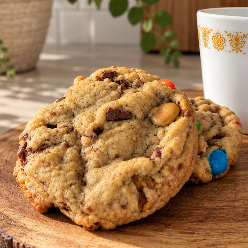 Two large chocolate chip cookies with candy corn and M&M's pieces on a wooden board, with a white mug with a gold floral pattern partially visible on the right.